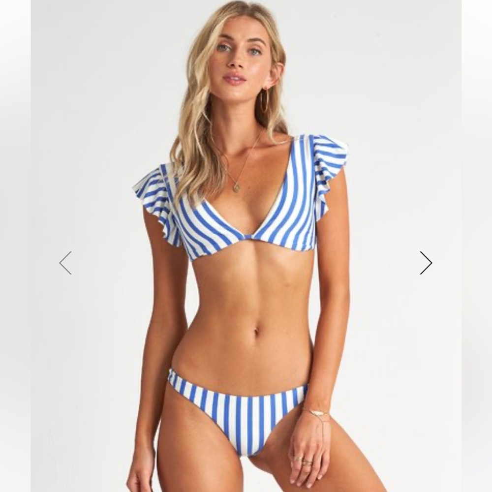 Billabong Blue and White Ruffle Plunge Top Bikini